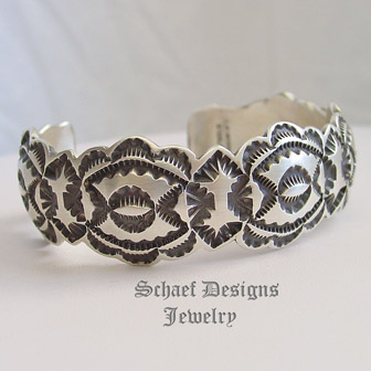 Artist Signed LO Morrison HEAVY Stamped Cuff Stacking Bracelet | Schaef Designs Collectible Turquoise Jewelry | New Mexico
